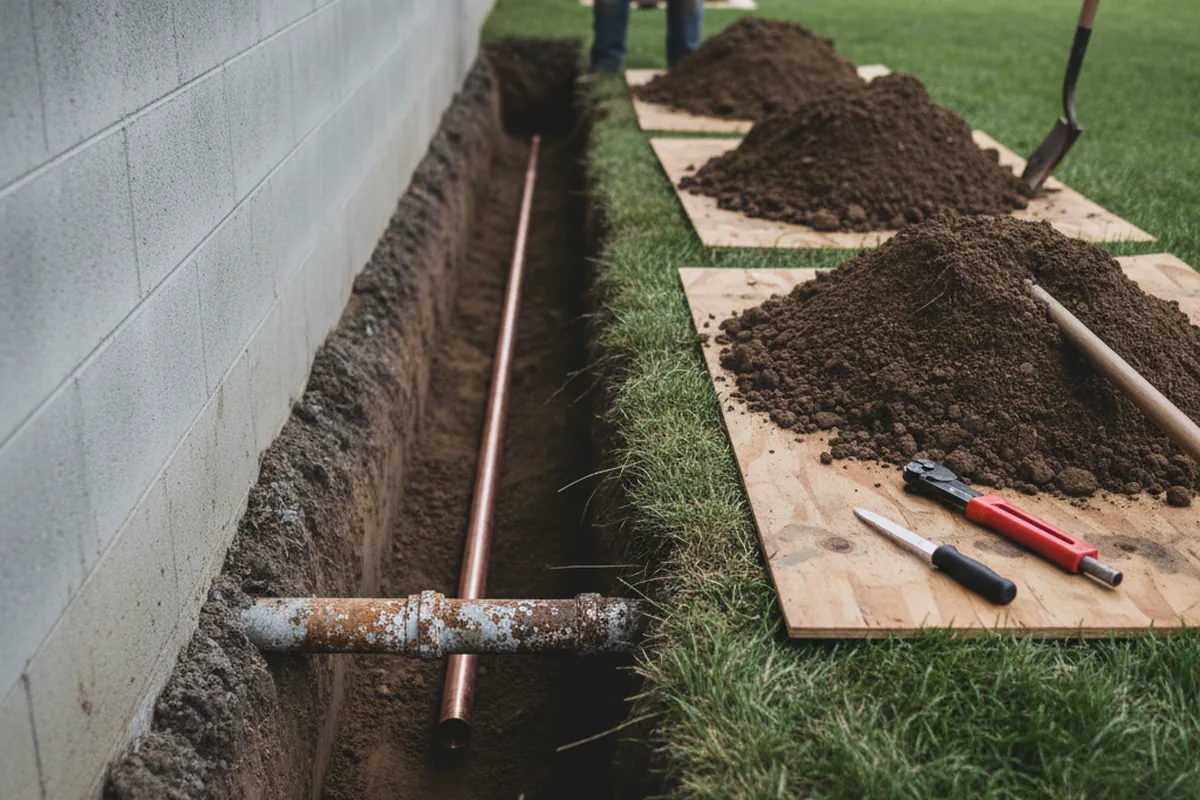 Excavated water line trench during Sewer Line Repair in Park Valley